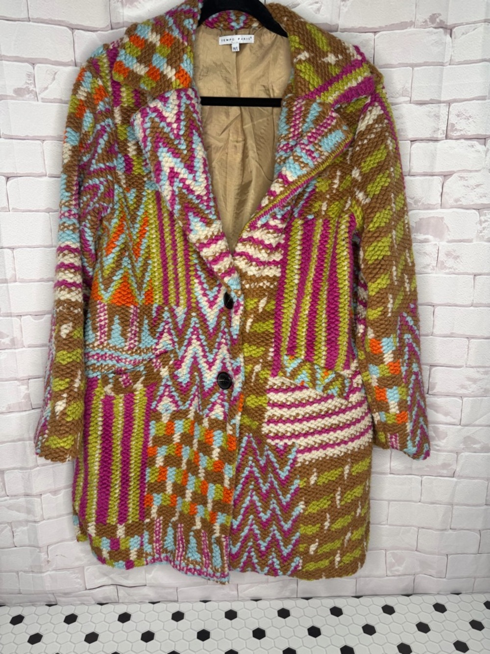 Tempo Paris Chunky Knit Statement Coat Multicolor Boho Patchwork‎ Jacket NWOT